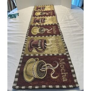 Coffee Tapestry Table Runner Cafe Mocha Cup Cappuccino Cup Tan & Burgundy 52x12‎
